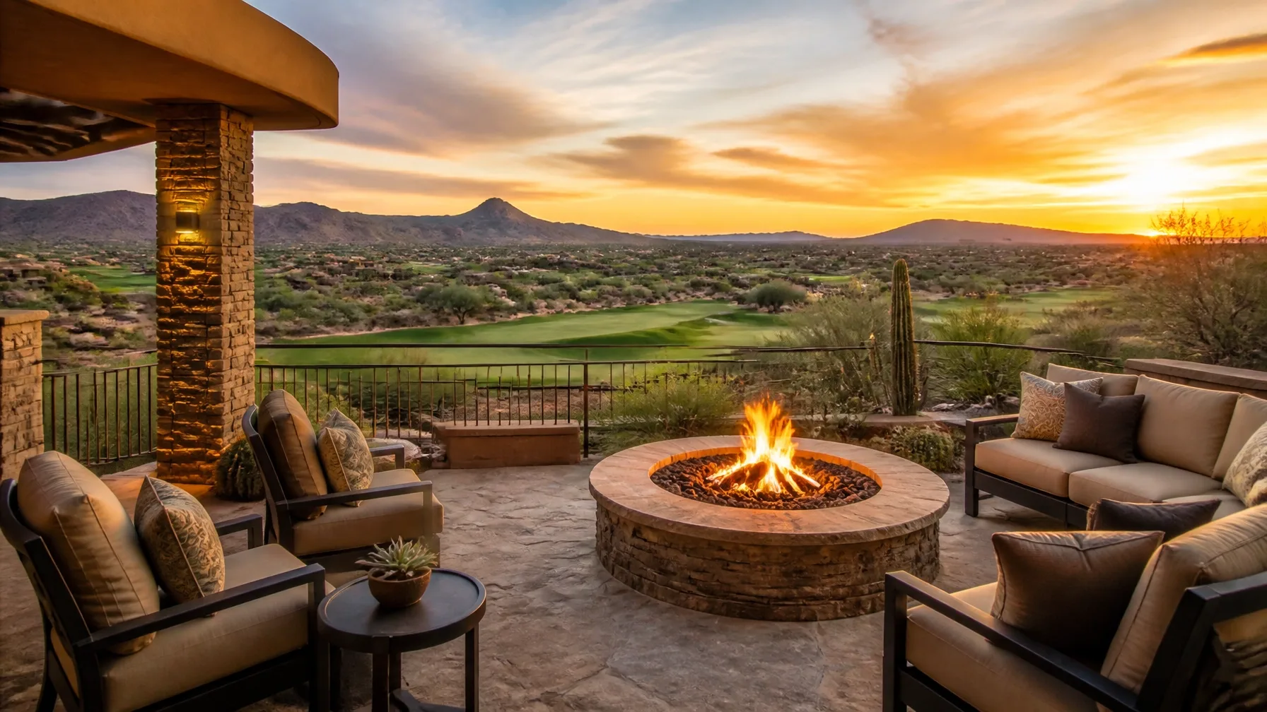 Backyard patio with a fire pit and lounge chairs overlooking a desert landscape