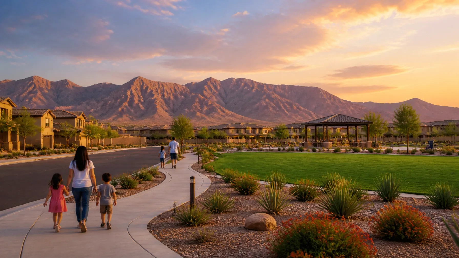 A community park with a central pavilion, manicured lawn, and walking path in a desert neighborhood at sunset