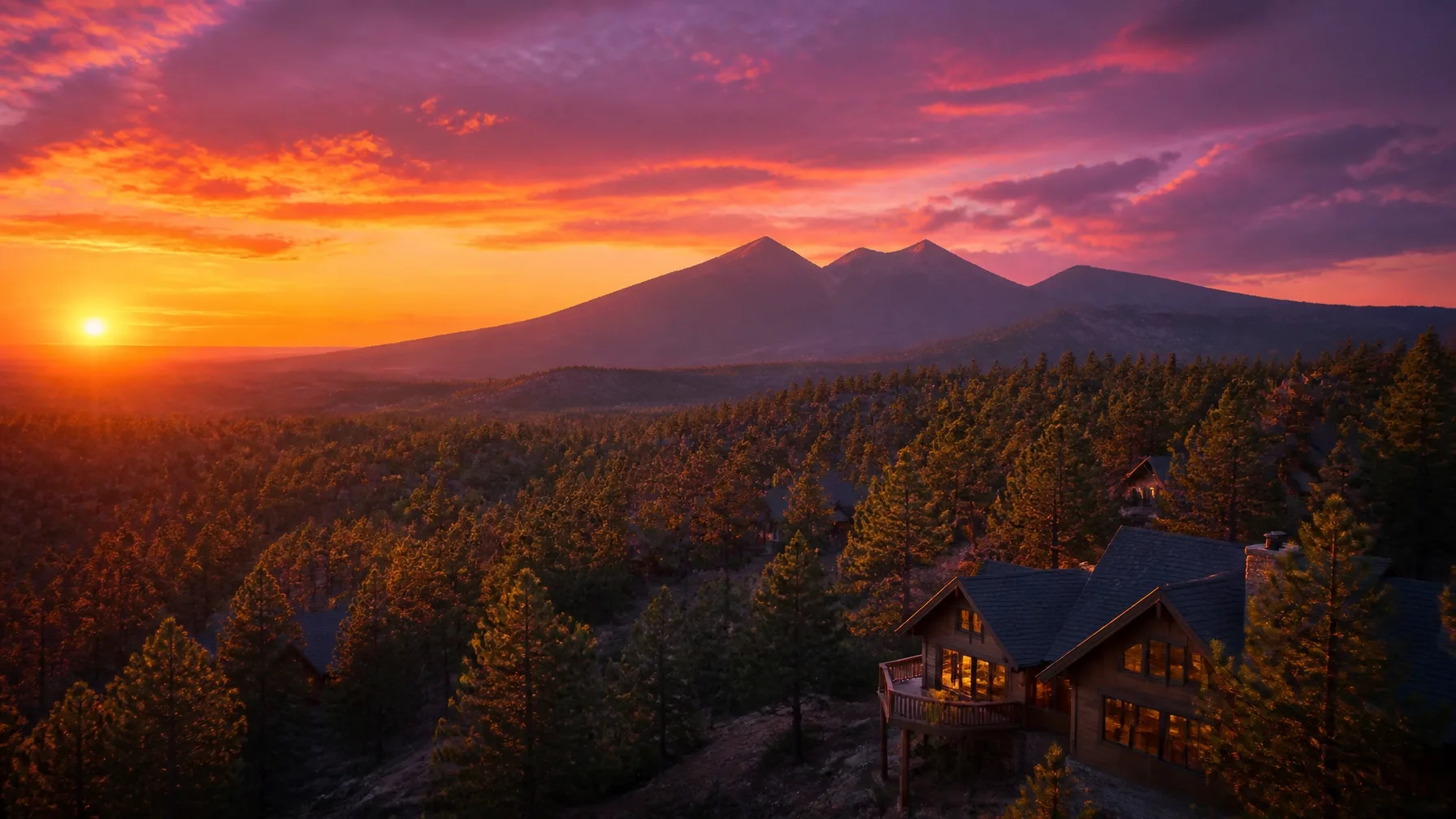 A forested mountain home at sunset, typical of the Flagstaff area