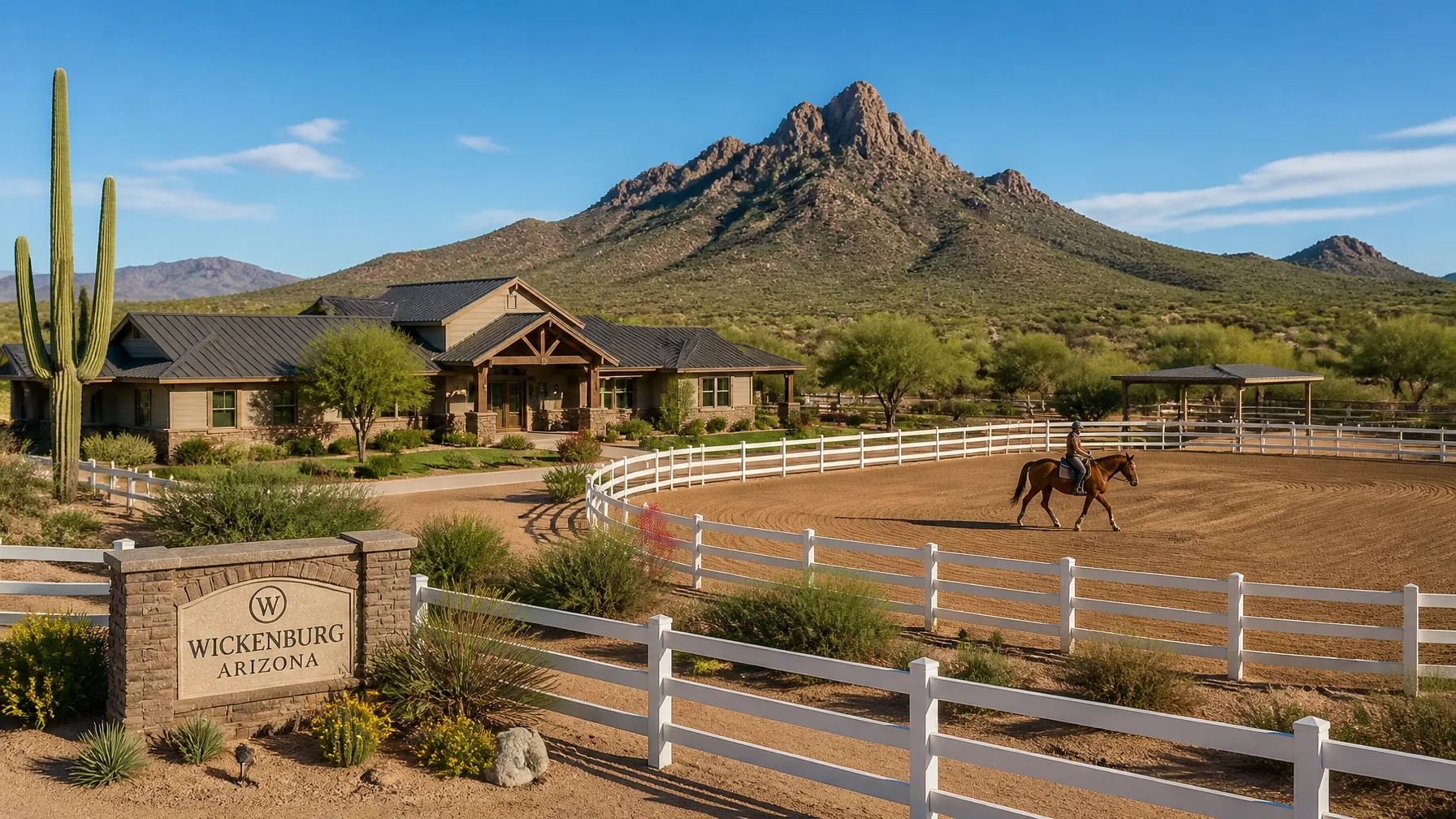 A southwestern horse estate with a white-fenced arena set against a large mountain backdrop