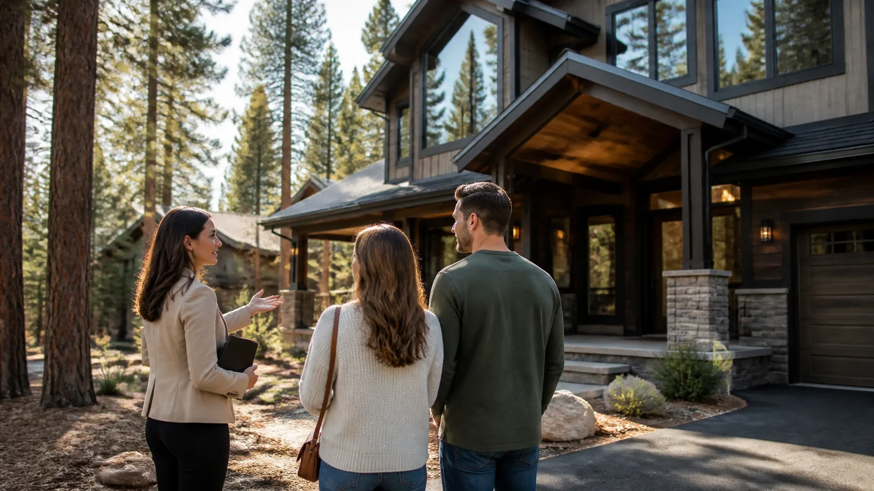 A modern mountain-style home with natural materials against an evergreen backdrop
