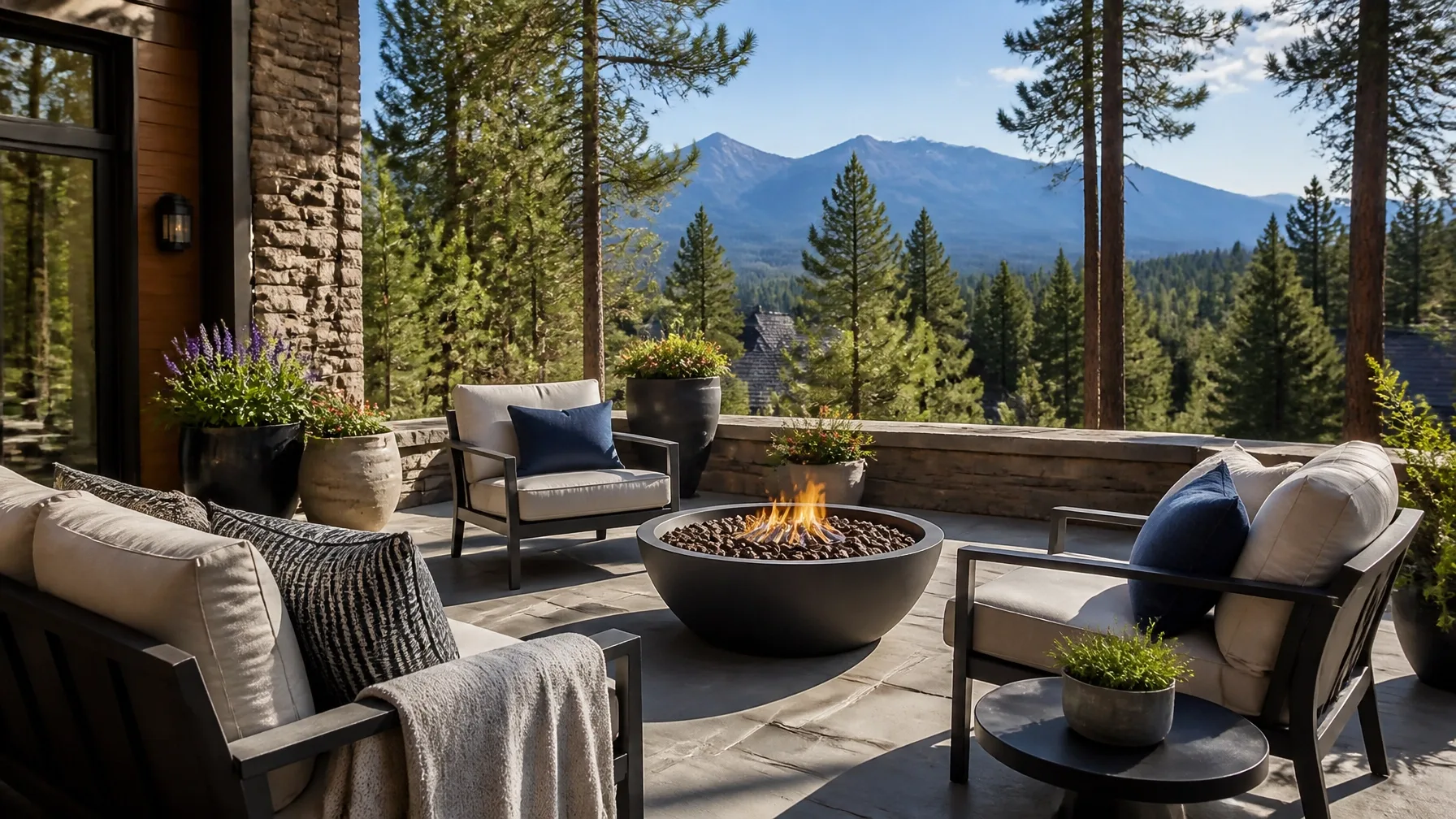 A mountain-view backyard patio with stone masonry and desert landscaping at golden hour