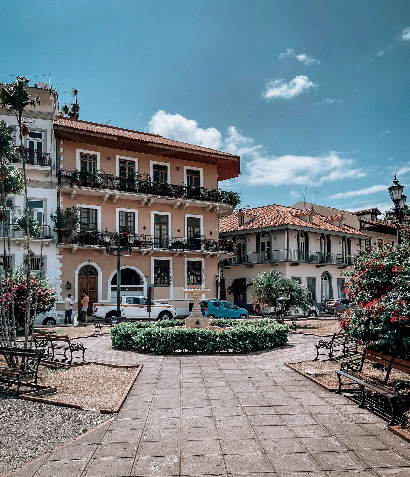 The colonial plaza fountain in Casco Viejo, Panama City