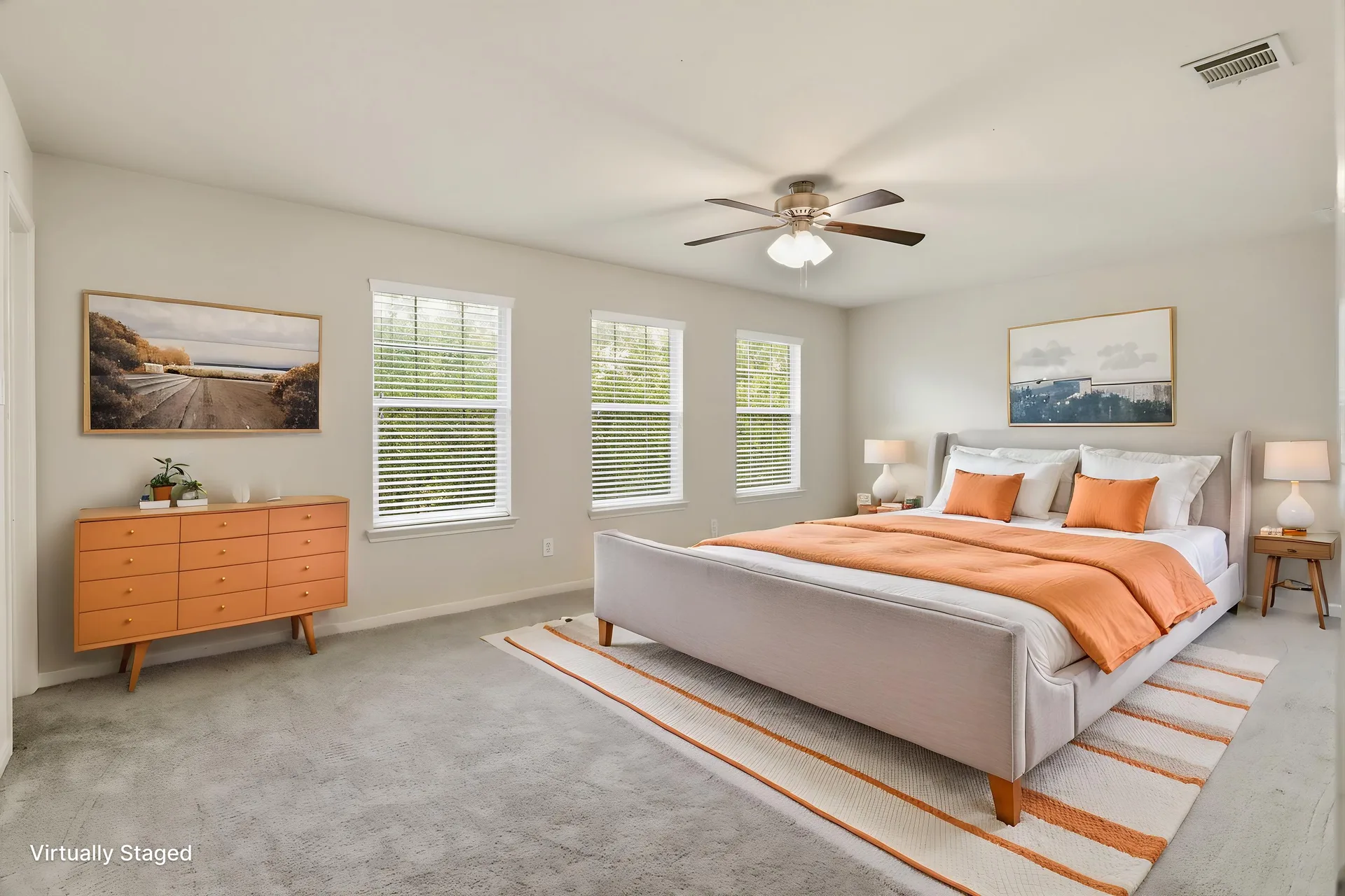 Primary bedroom, styled