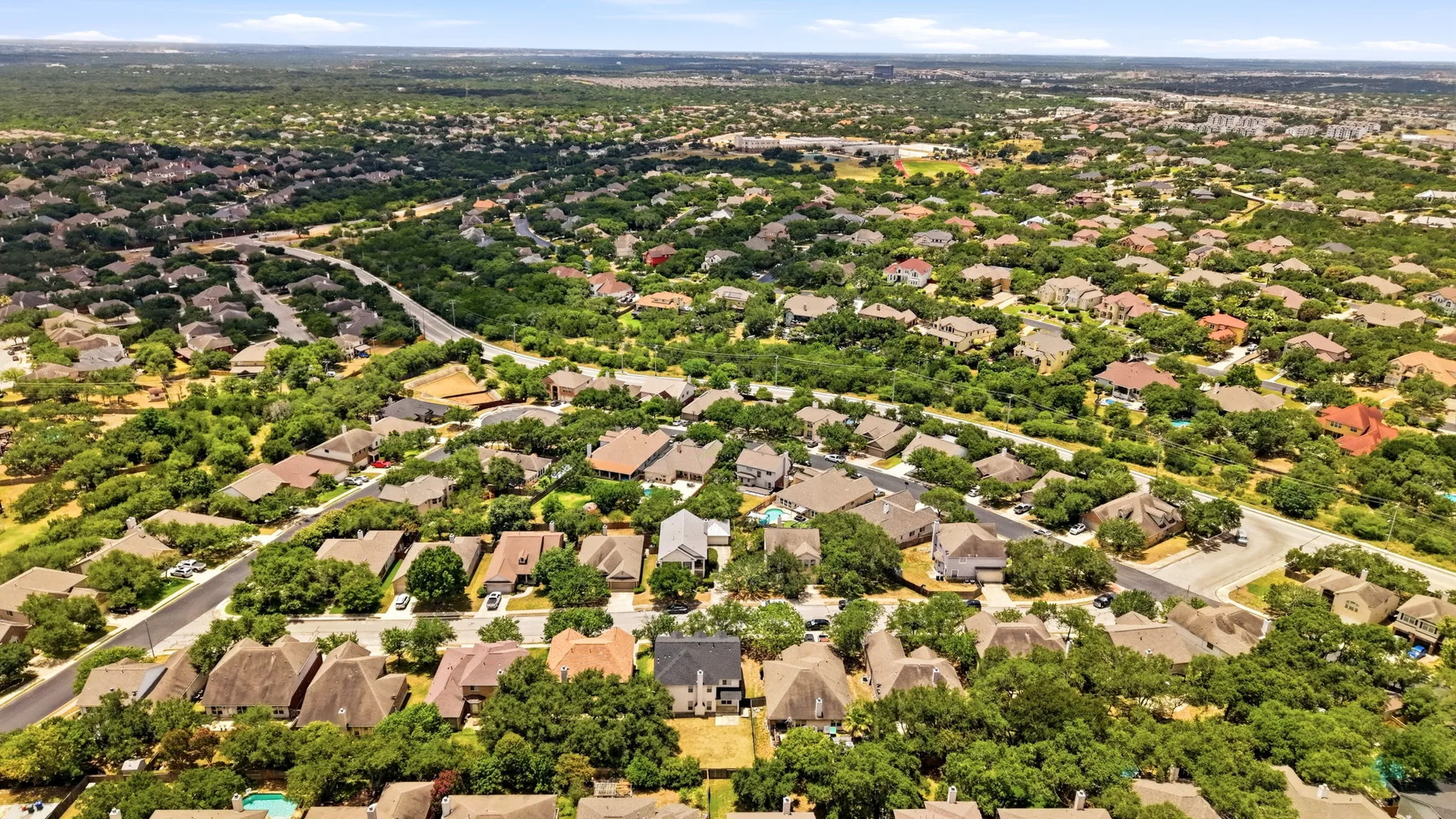 Aerial neighborhood view, wide angle