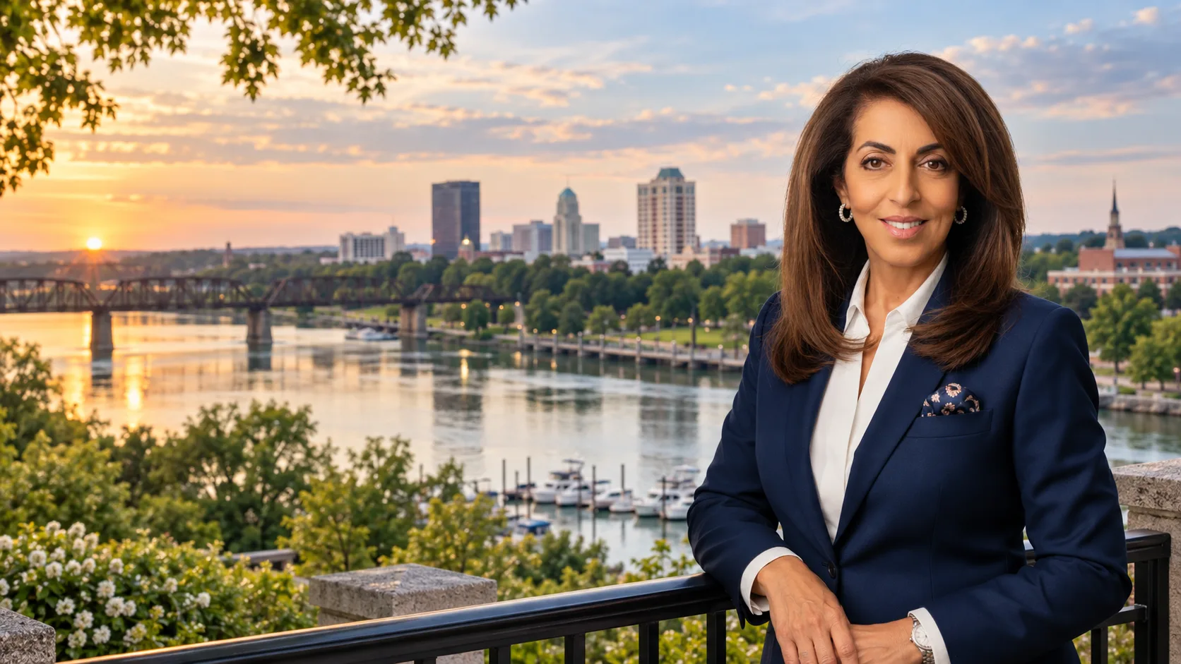 Linda Limehouse on the riverfront at sunset