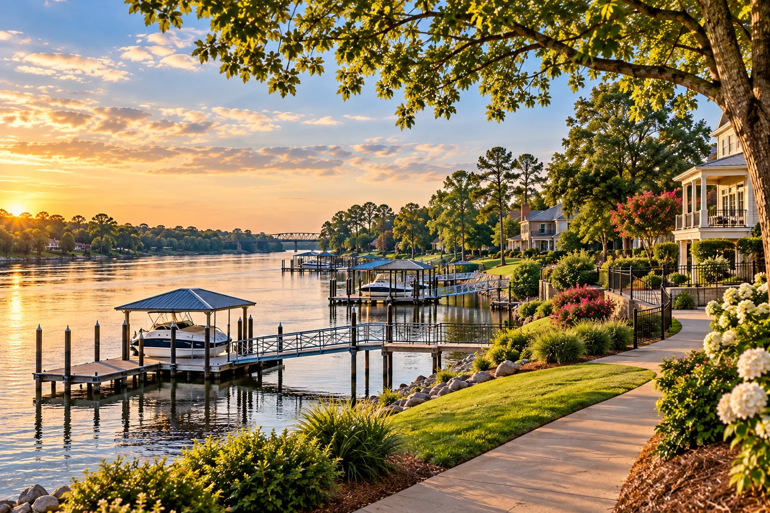 Residential riverfront in North Augusta, South Carolina with homes, docks and boats