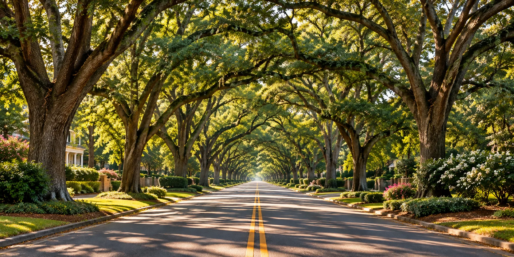 A tree-lined residential street in Aiken, South Carolina with mature trees