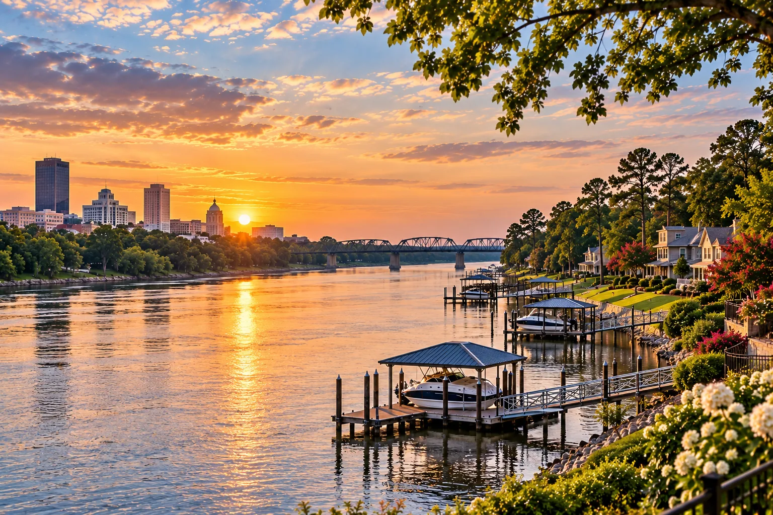 A scenic riverfront at sunset with a city skyline in the distance and a railroad bridge, reflecting the Augusta GA waterfront