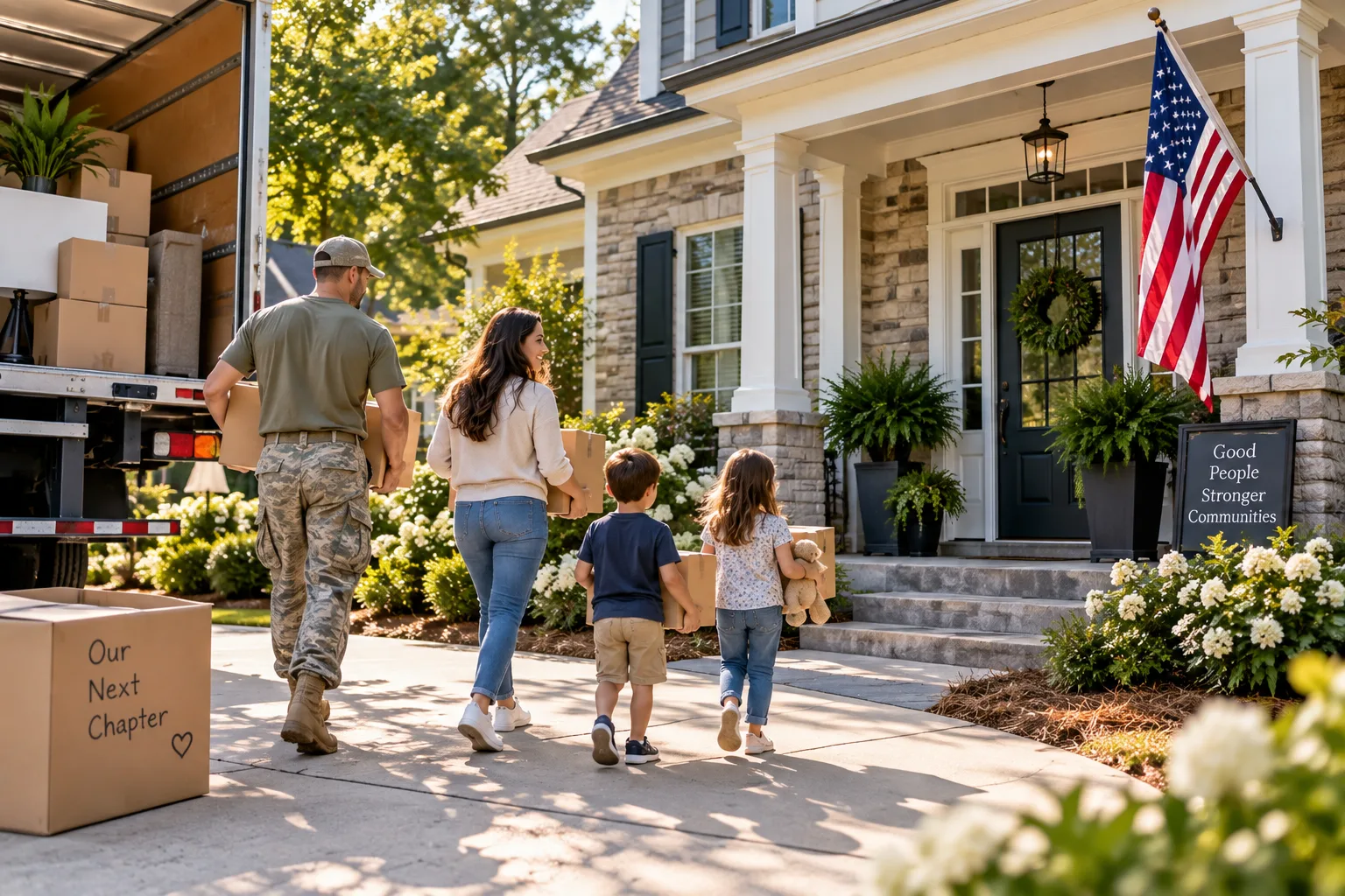 A military family arriving at their new home with moving boxes near Fort Gordon