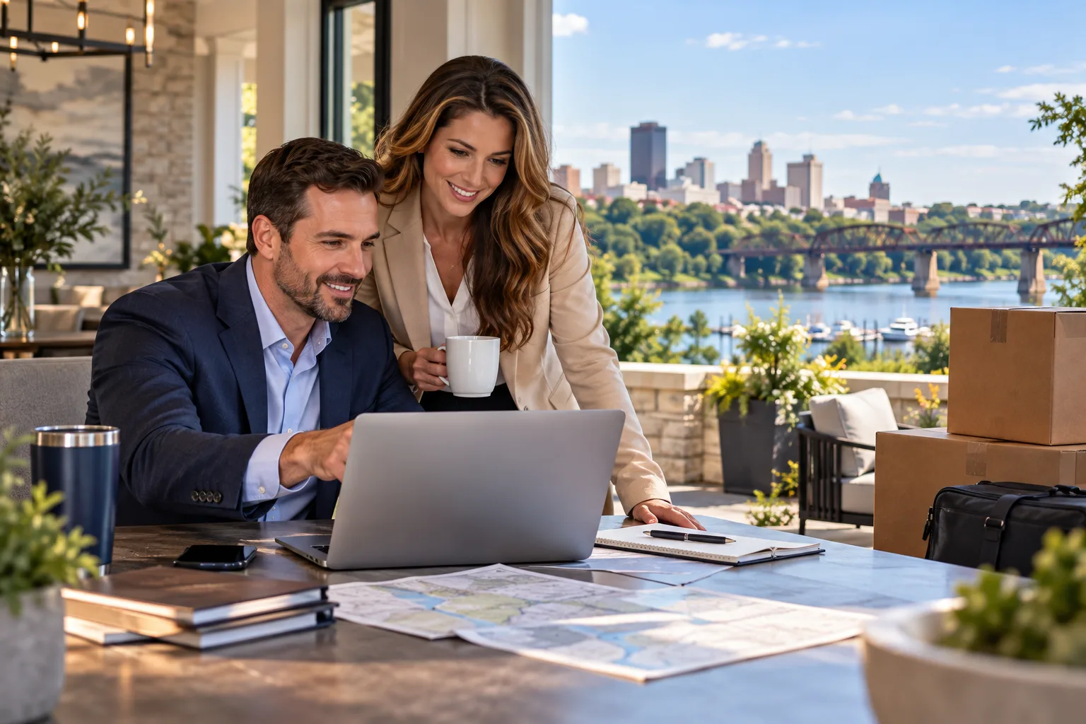 A professional couple with a laptop and relocation materials in a bright office
