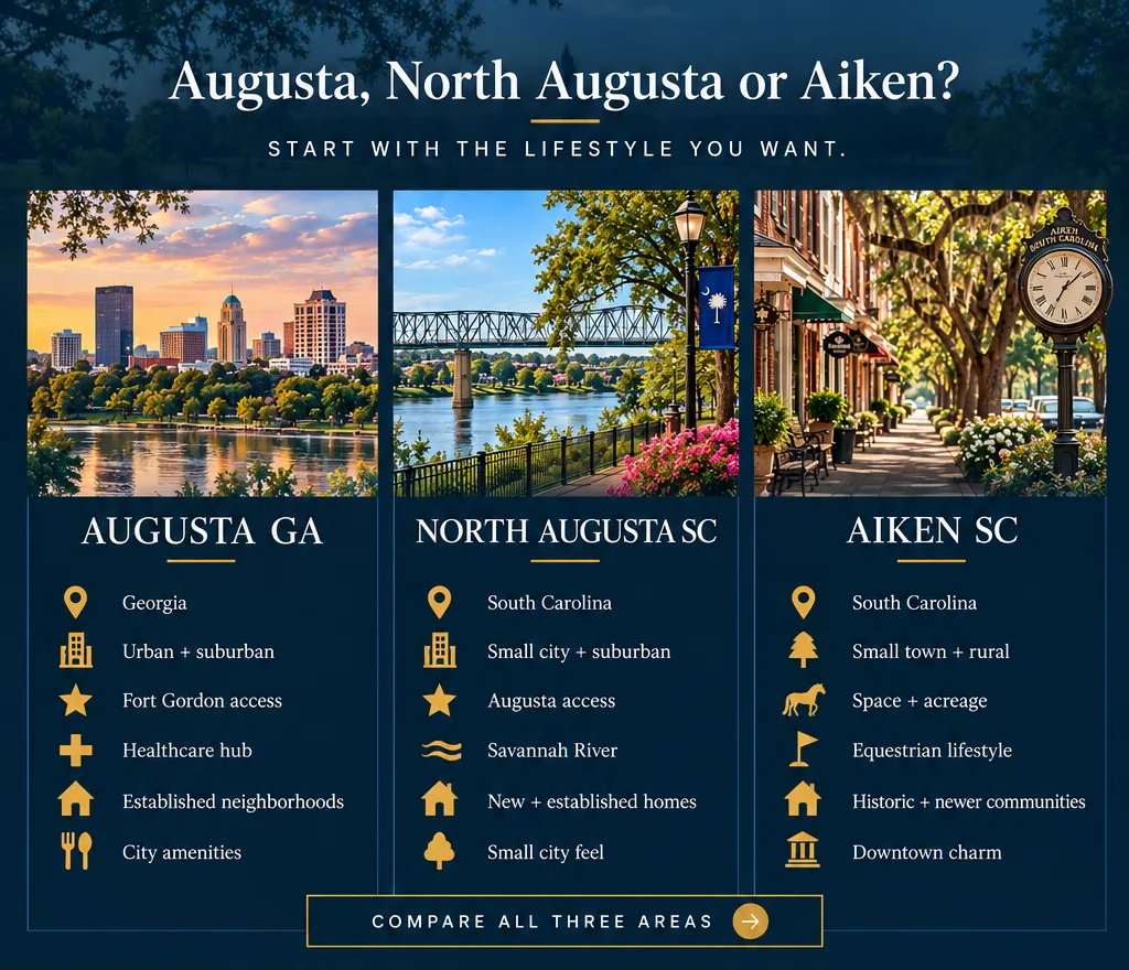 Side-by-side lifestyle comparison graphic showing what Augusta GA, North Augusta SC and Aiken SC each offer