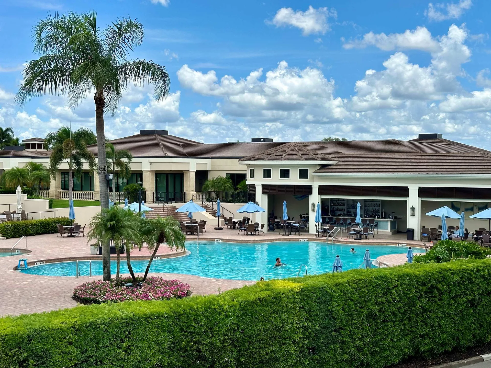 Resort-style community swimming pool in The Vineyards with loungers and umbrellas