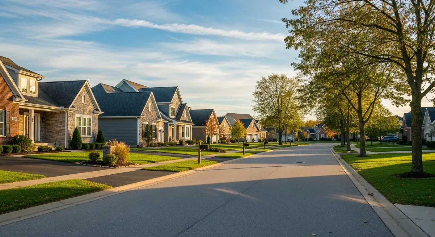 A golden-hour view of an established suburban neighborhood with traditional family homes and mature trees