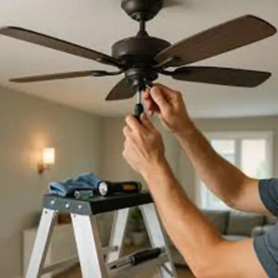 Ceiling fan installation in San Antonio: a ceiling fan being installed with a stepladder, tools, and a flashlight in a bright interior
