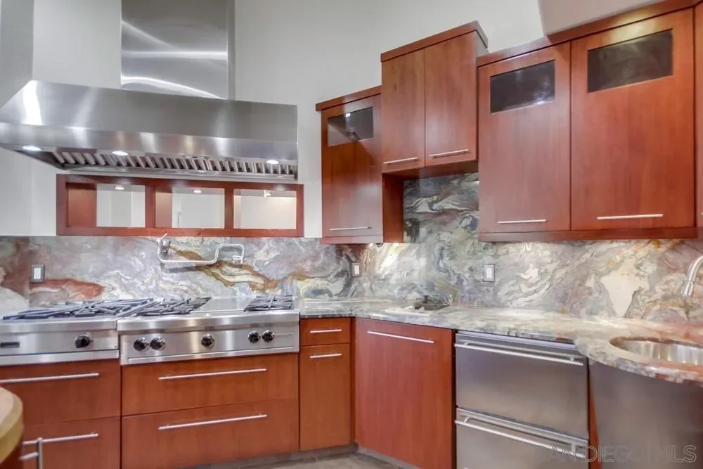 Chef's kitchen with wood cabinets and stainless steel appliances