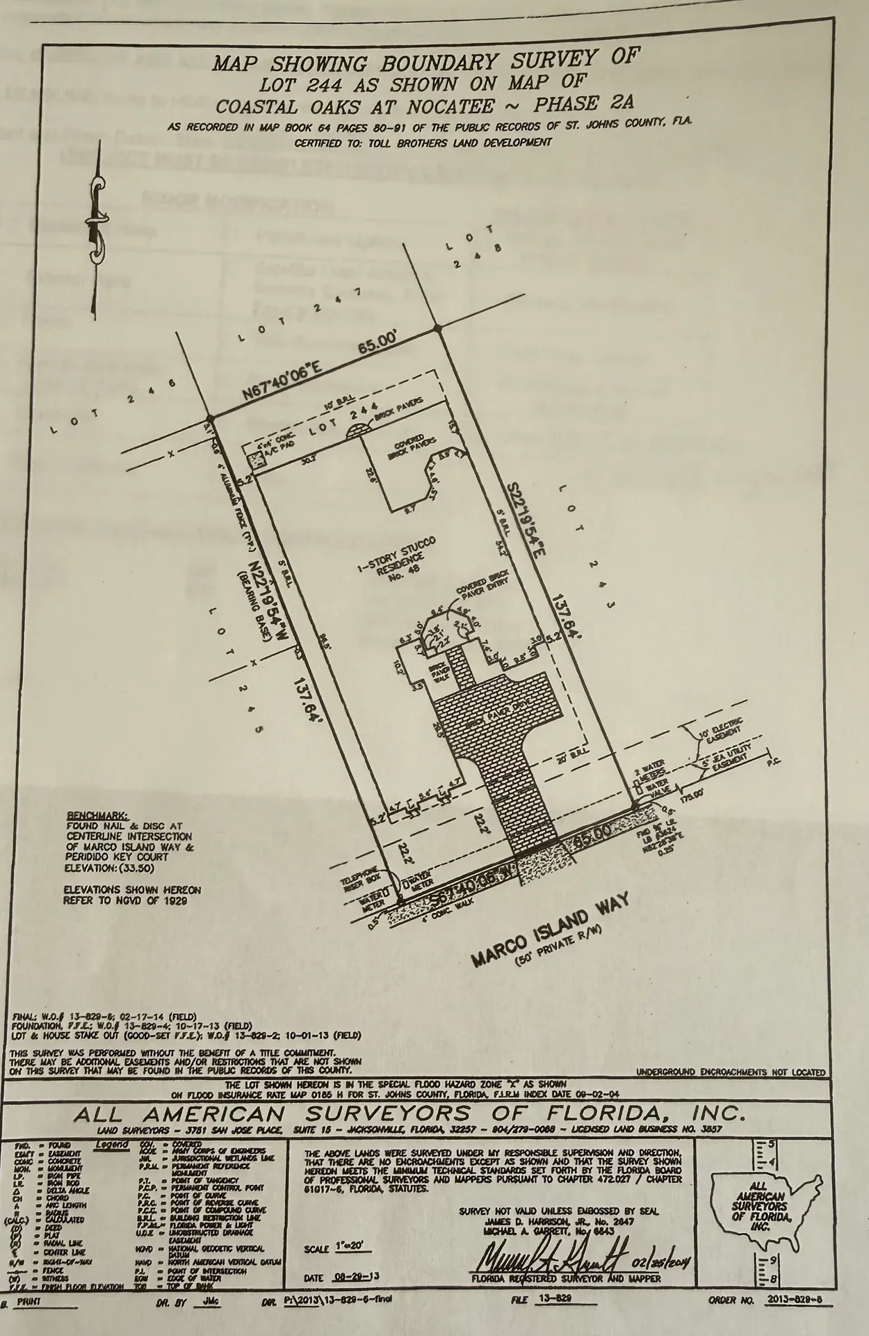 Survey plat map for Lot 244 in Coastal Oaks Phase 2A at Nocatee, showing the property boundary, residence footprint, driveway and easement lines