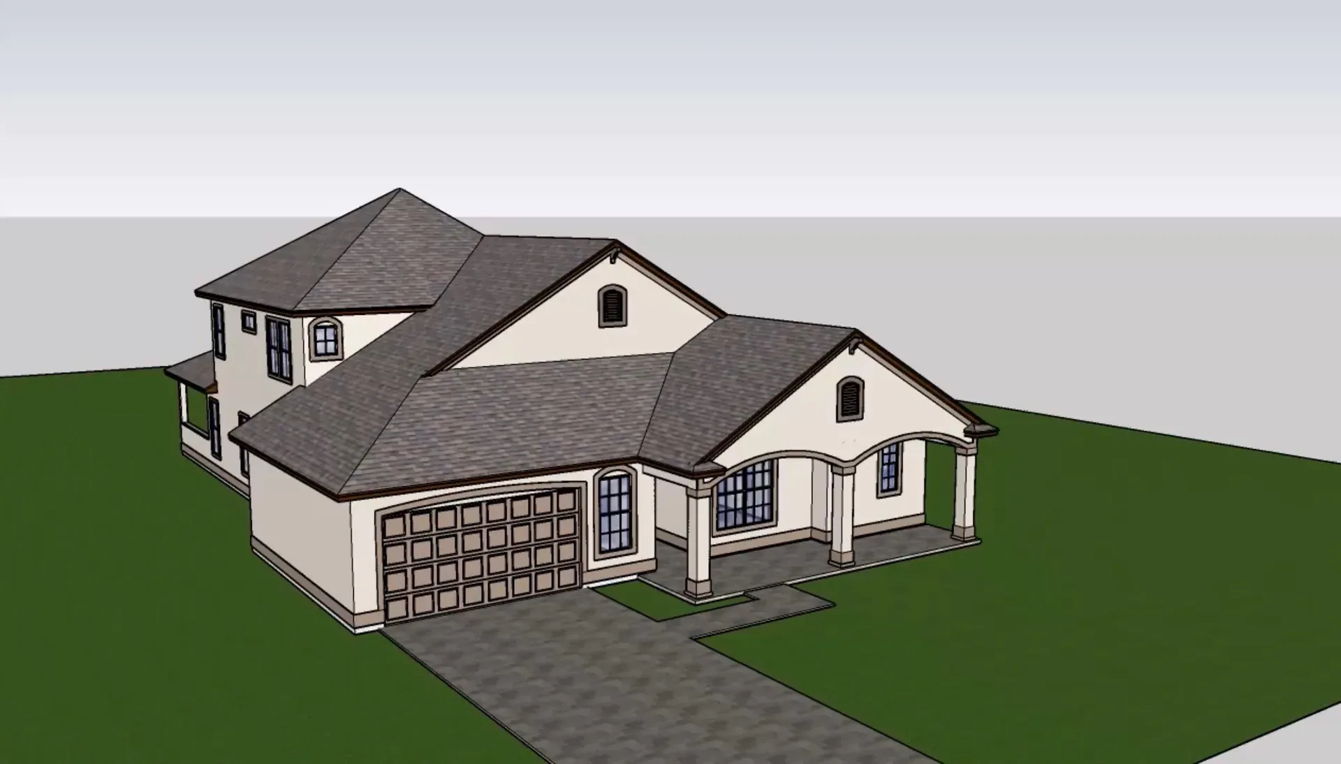 Front elevation rendering of the approved home design for the lot, a two story stucco home with shingle roof and two car garage