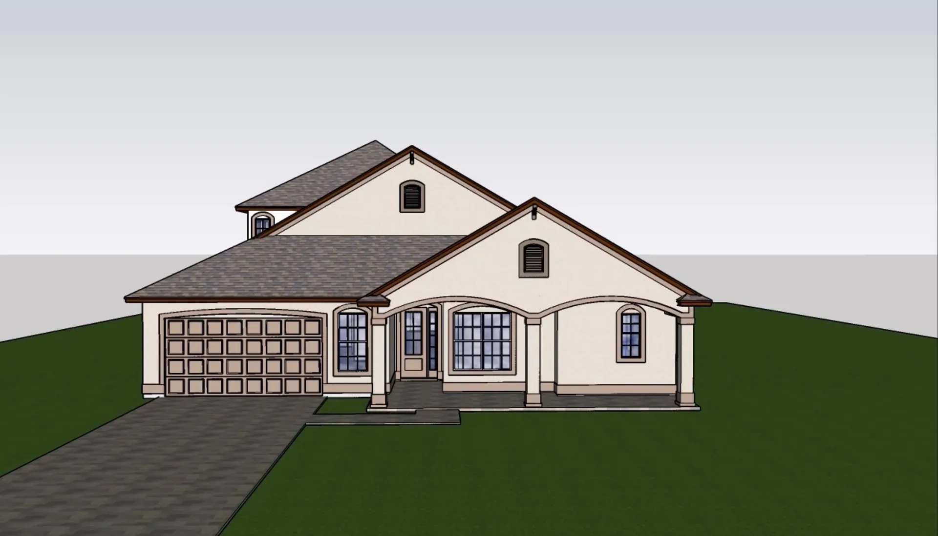 Alternate angle rendering of the approved home design with arched porch details and stucco and shingle exterior