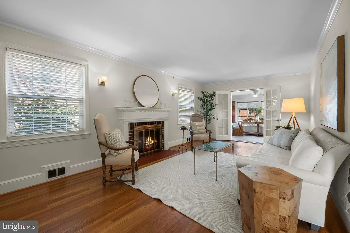 Traditional living room with hardwood floors and fireplace