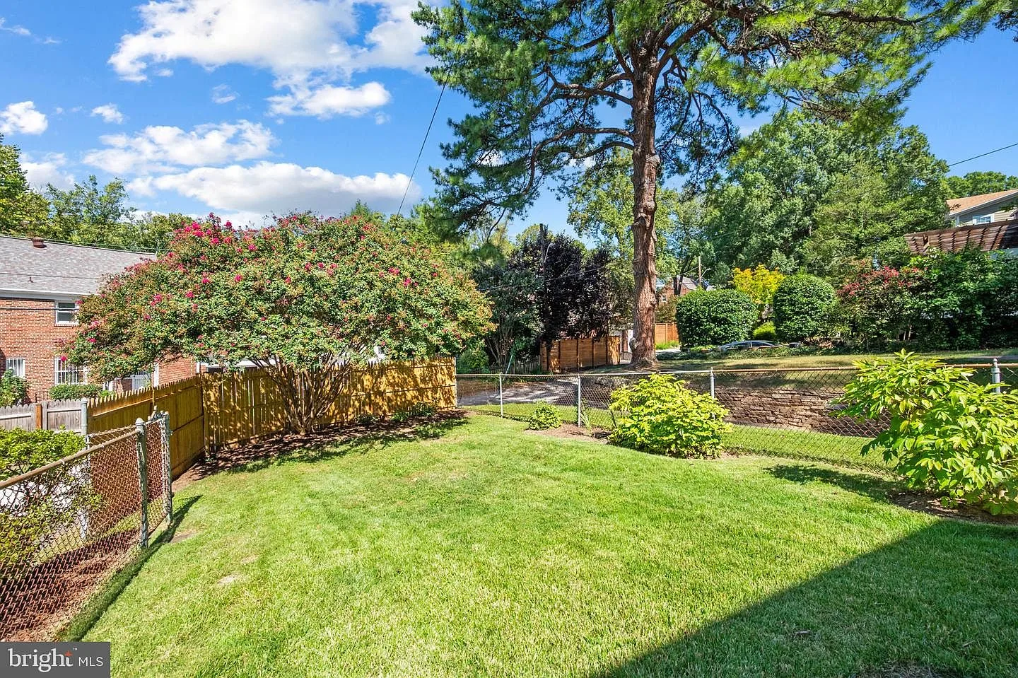 Manicured backyard lawn with established trees behind the house