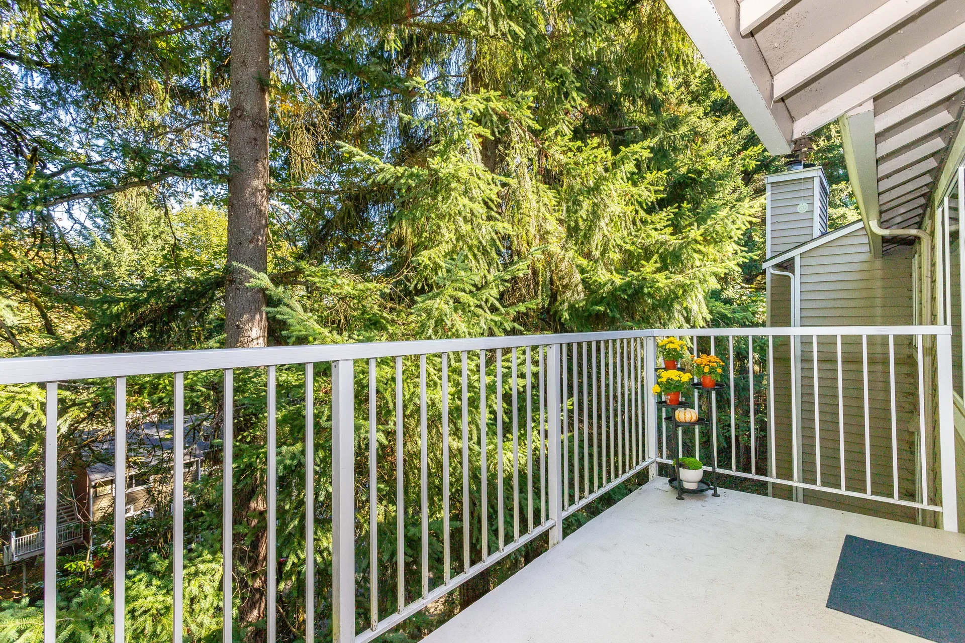 The private deck of G301 at Horizon Village, a plant stand with yellow and orange flowers by the doorway and a wide-angle view out over the railing into the surrounding firs