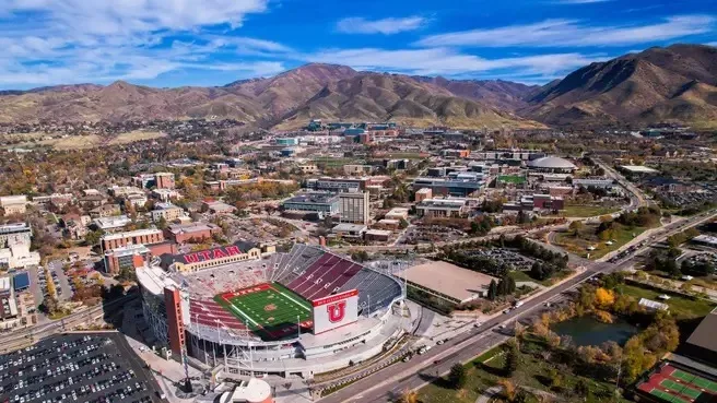 Aerial of the University of Utah campus and Rice-Eccles Stadium