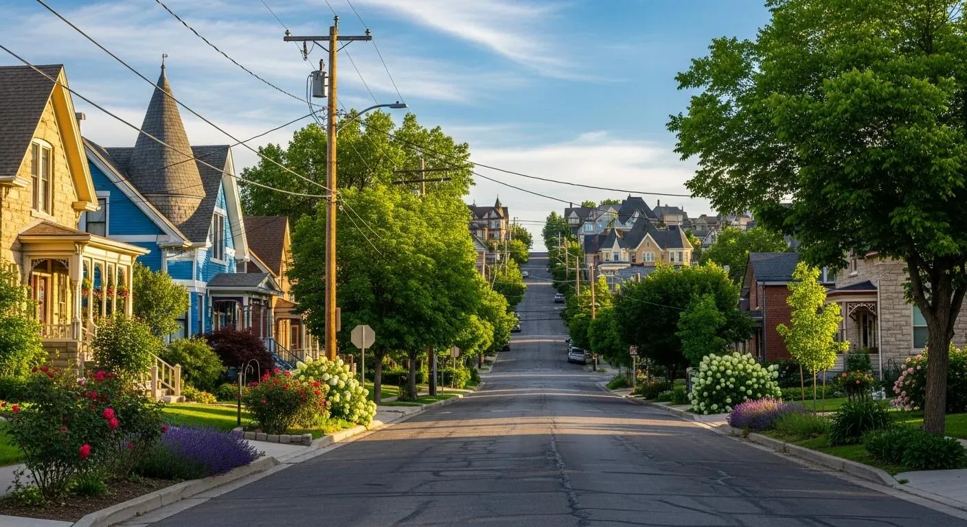 A tree-lined Victorian street at golden hour in the Marmalade District