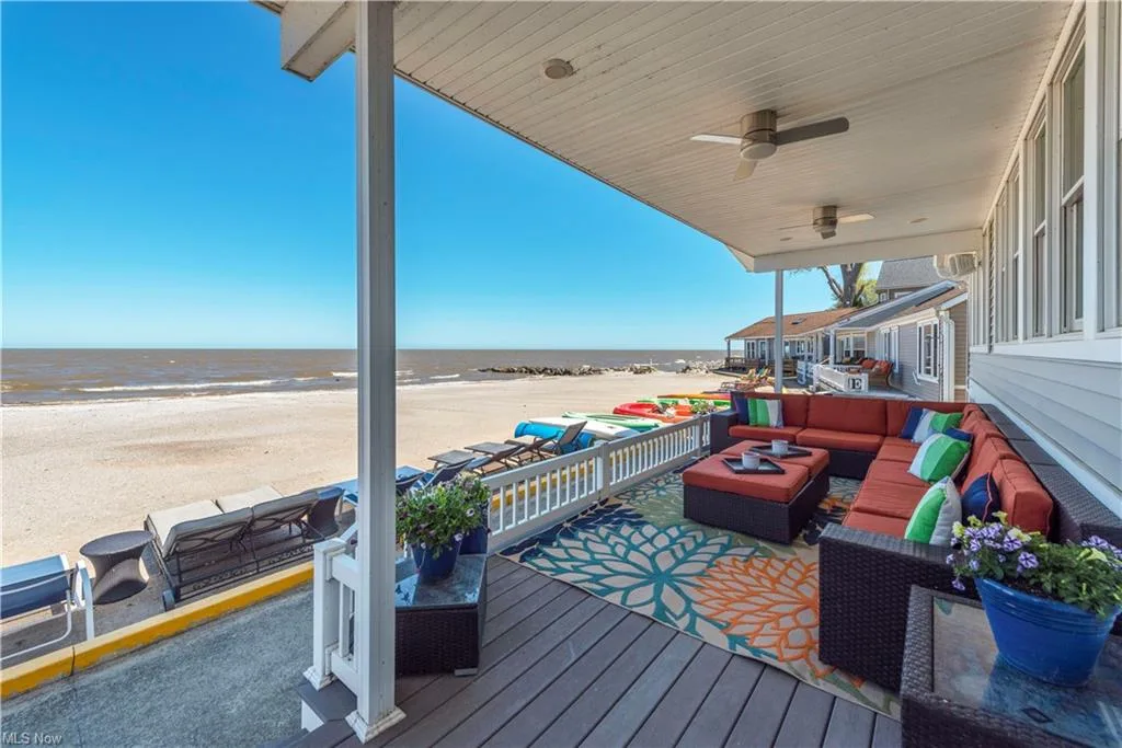 Covered lakefront patio overlooking Lake Erie at 13005 W Lake Rd in Vermilion, Ohio