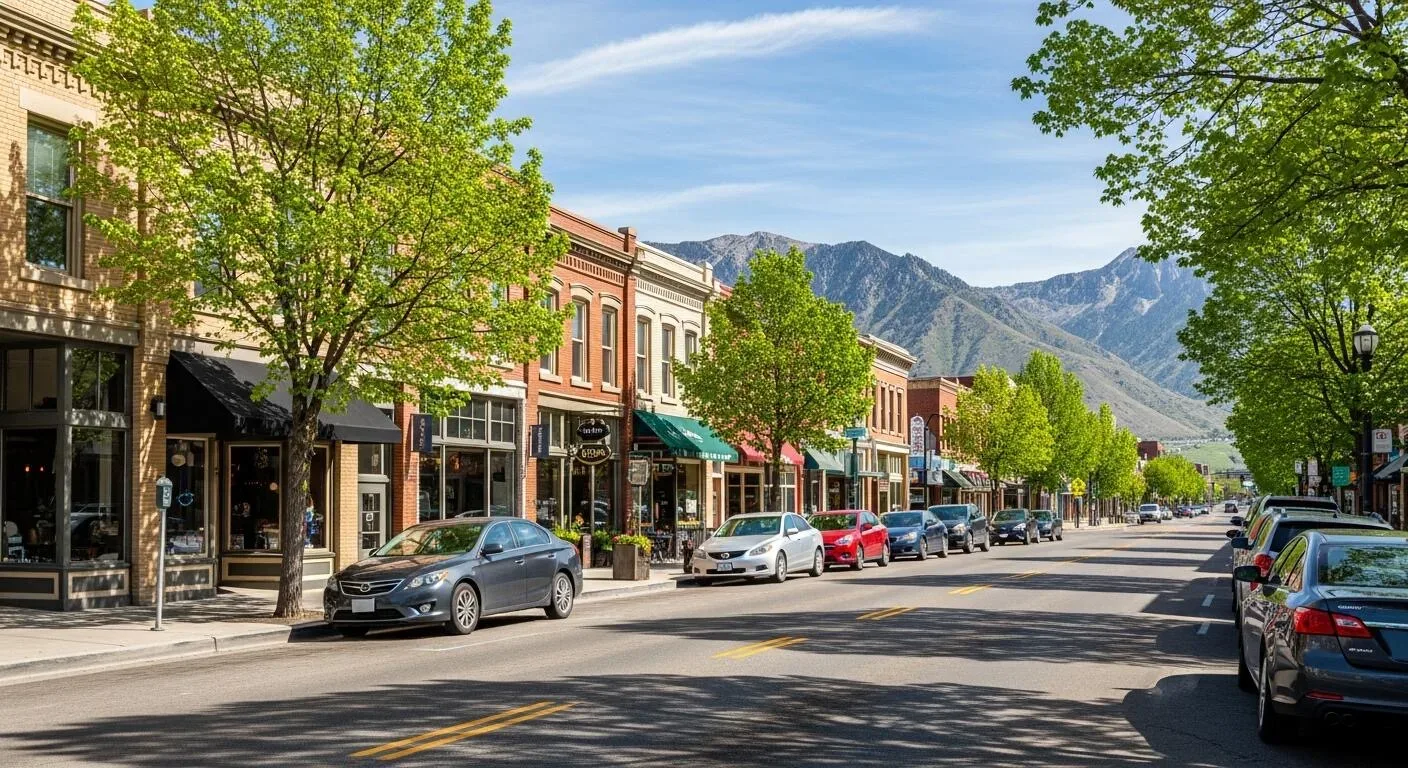 The 9th and 9th street scene in Salt Lake City, the lively corner with cafes and storefronts under big old trees