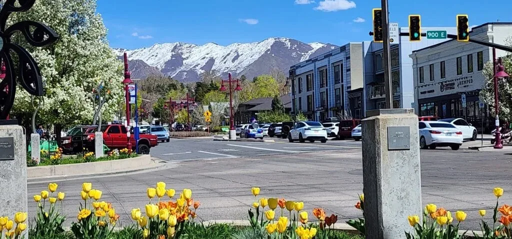 A wide street view toward the mountains near the 9th and 9th corner