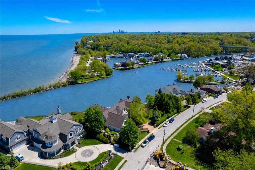 Drone aerial view of the lakefront estate and grounds at 19486 Frazier Dr in Rocky River, Ohio