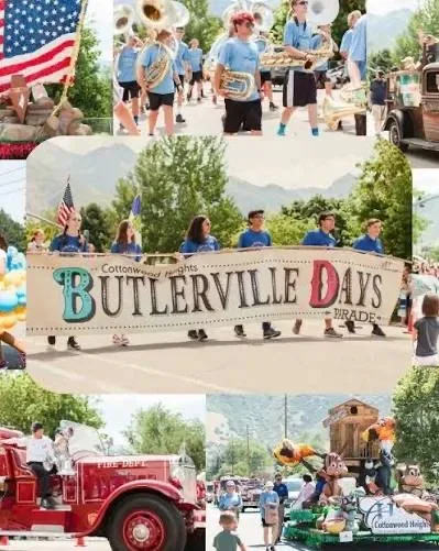 The Butlerville Days community parade with a marching band, a vintage fire engine, and a decorated float