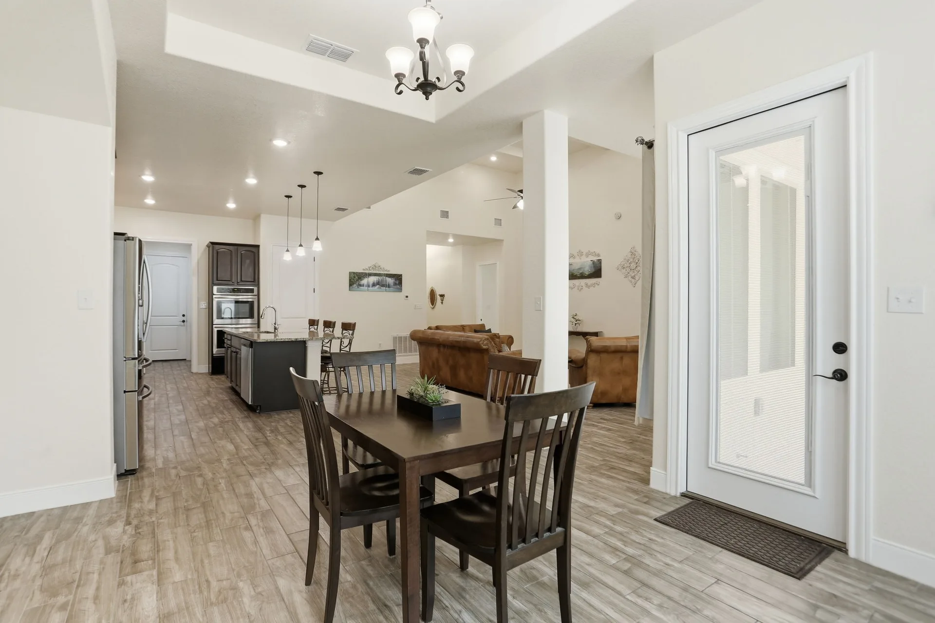 Dining area with living room view