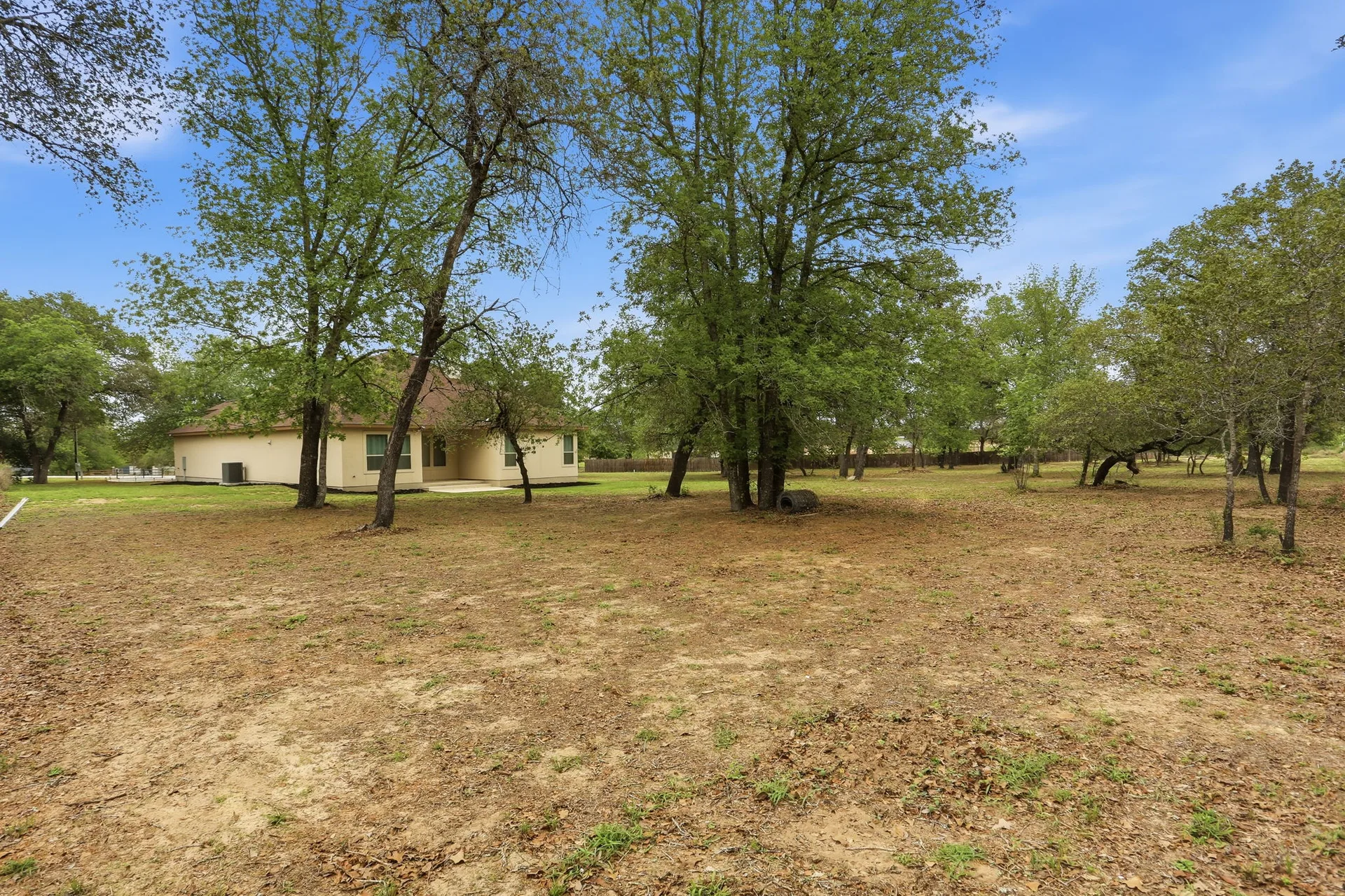 Backyard and acreage at 306 County Road 6876 with mature oak trees