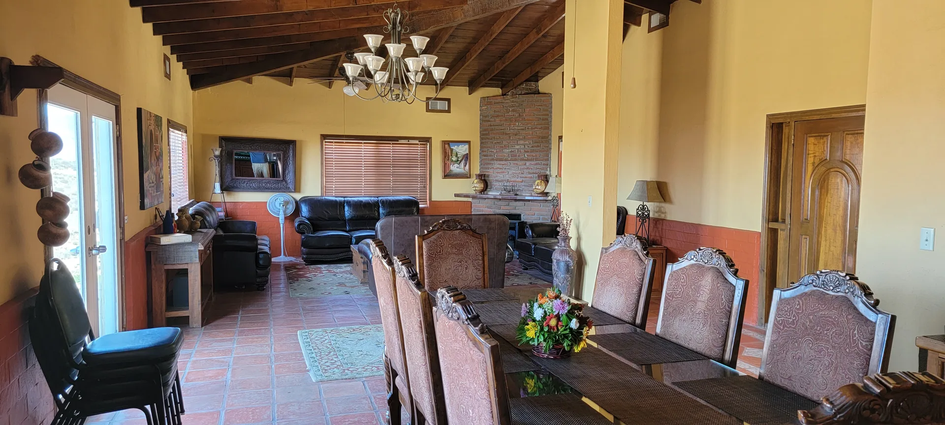 The combined living and dining room of the Hacienda at Rancho El Refugio near Ensenada