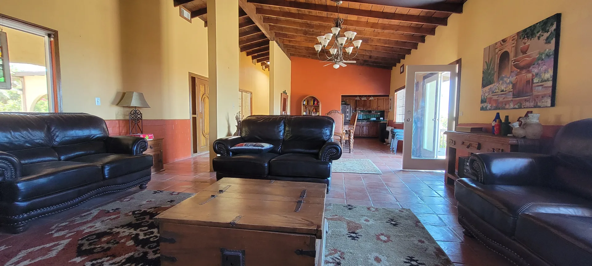 The spacious living room of the Hacienda at Rancho El Refugio near Ensenada