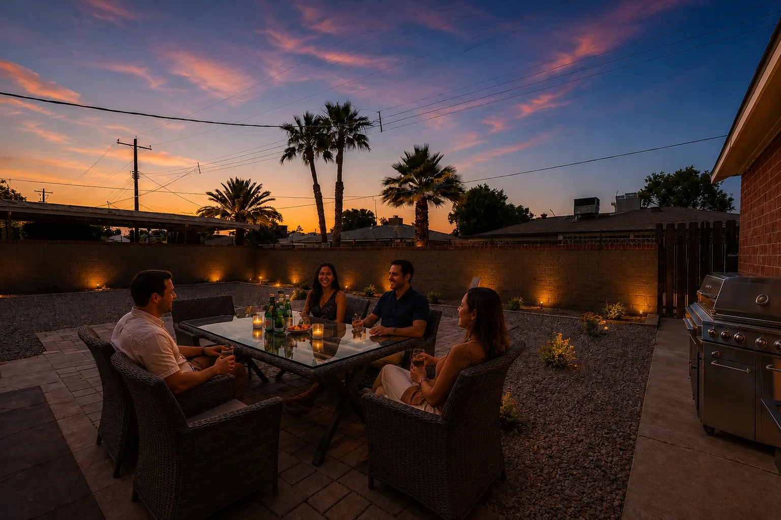 Backyard patio at sunset with friends dining outdoors under warm string and recessed patio lighting