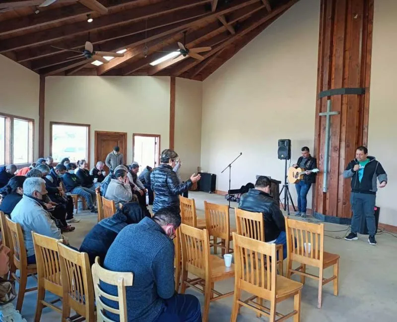 The Barn's gathering hall at Rancho El Refugio near Ensenada, with its vaulted wood-beamed ceiling