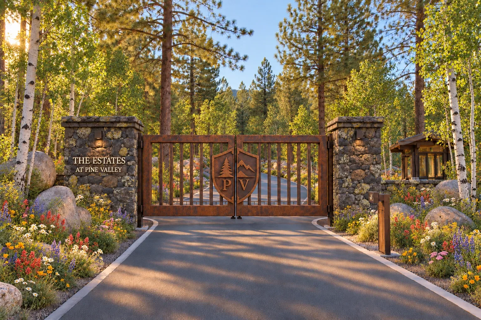 Stone entrance gate to Pine Valley with the community name, set among tall pines