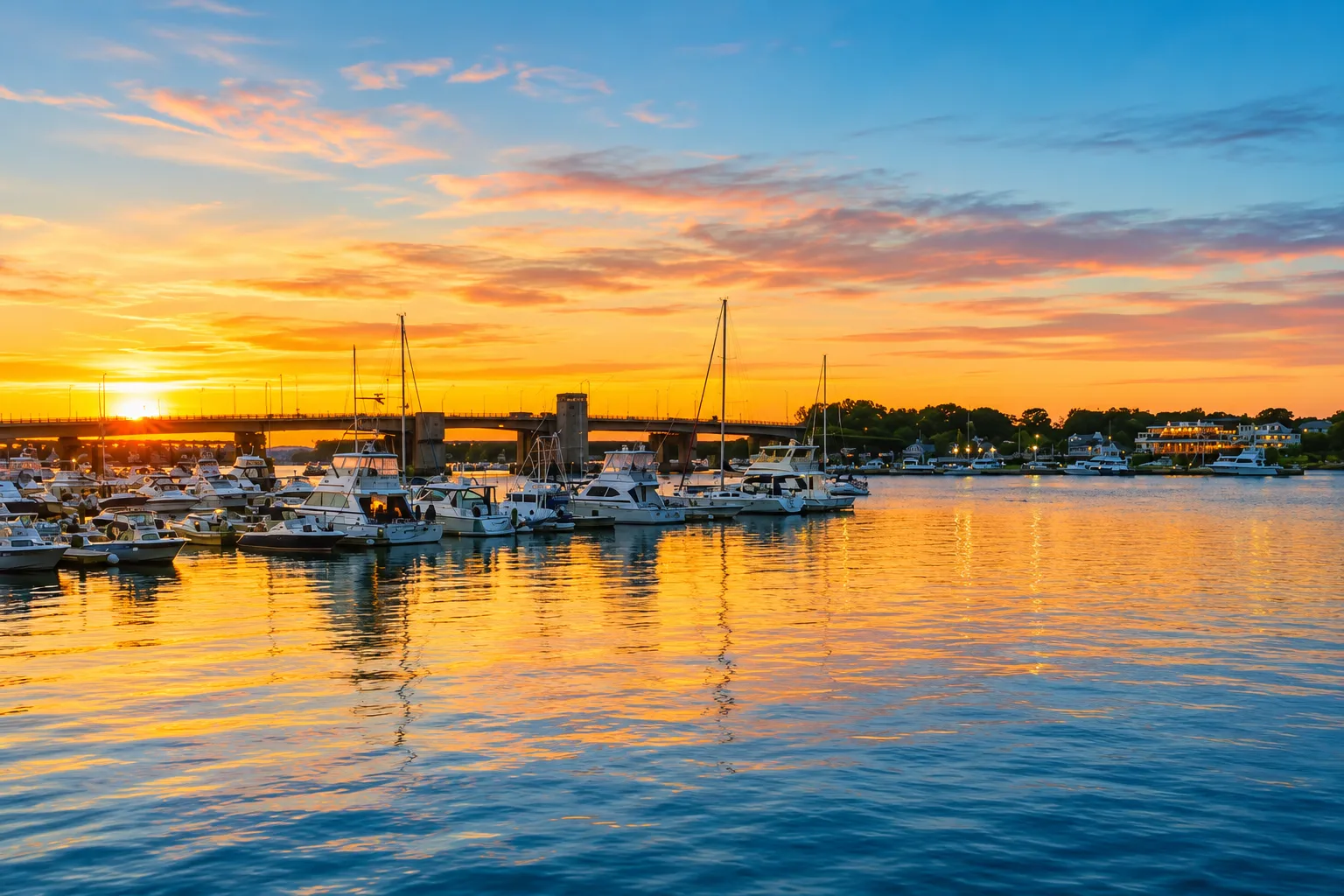 Sunset over a North Shore harbor with boats at mooring