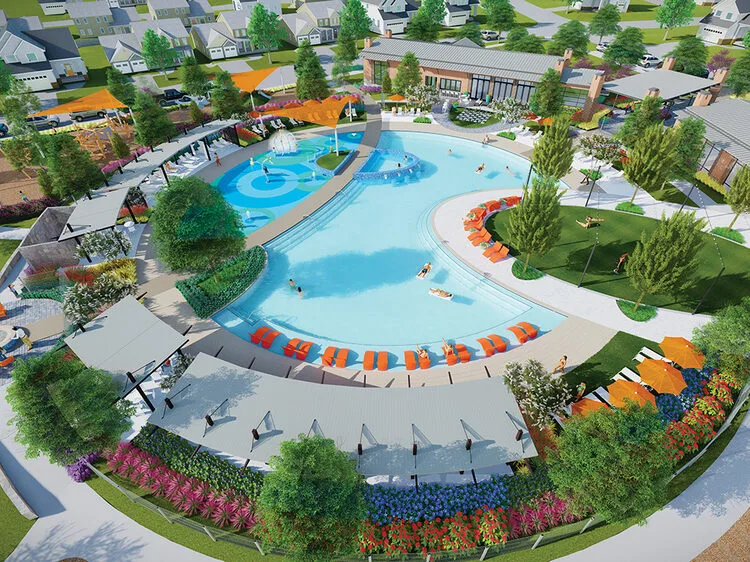 Aerial rendering of the community pool and amenity campus at The Ridge at Northlake in Northlake, Texas