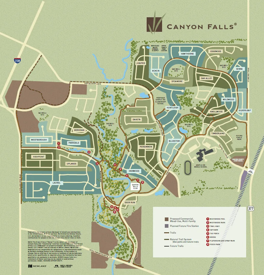Canyon Falls master plan map showing neighborhoods, parks, trails, and amenity locations across the three-town community