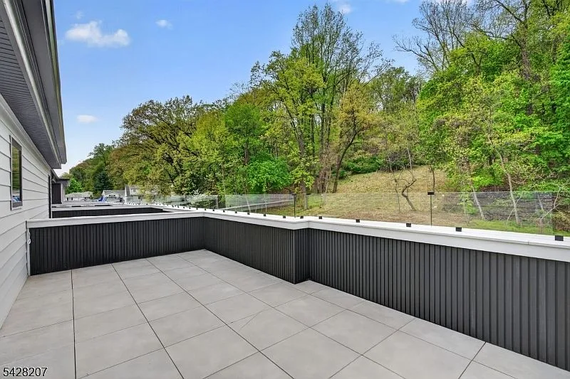 Rooftop terrace view across trees against a clear sky