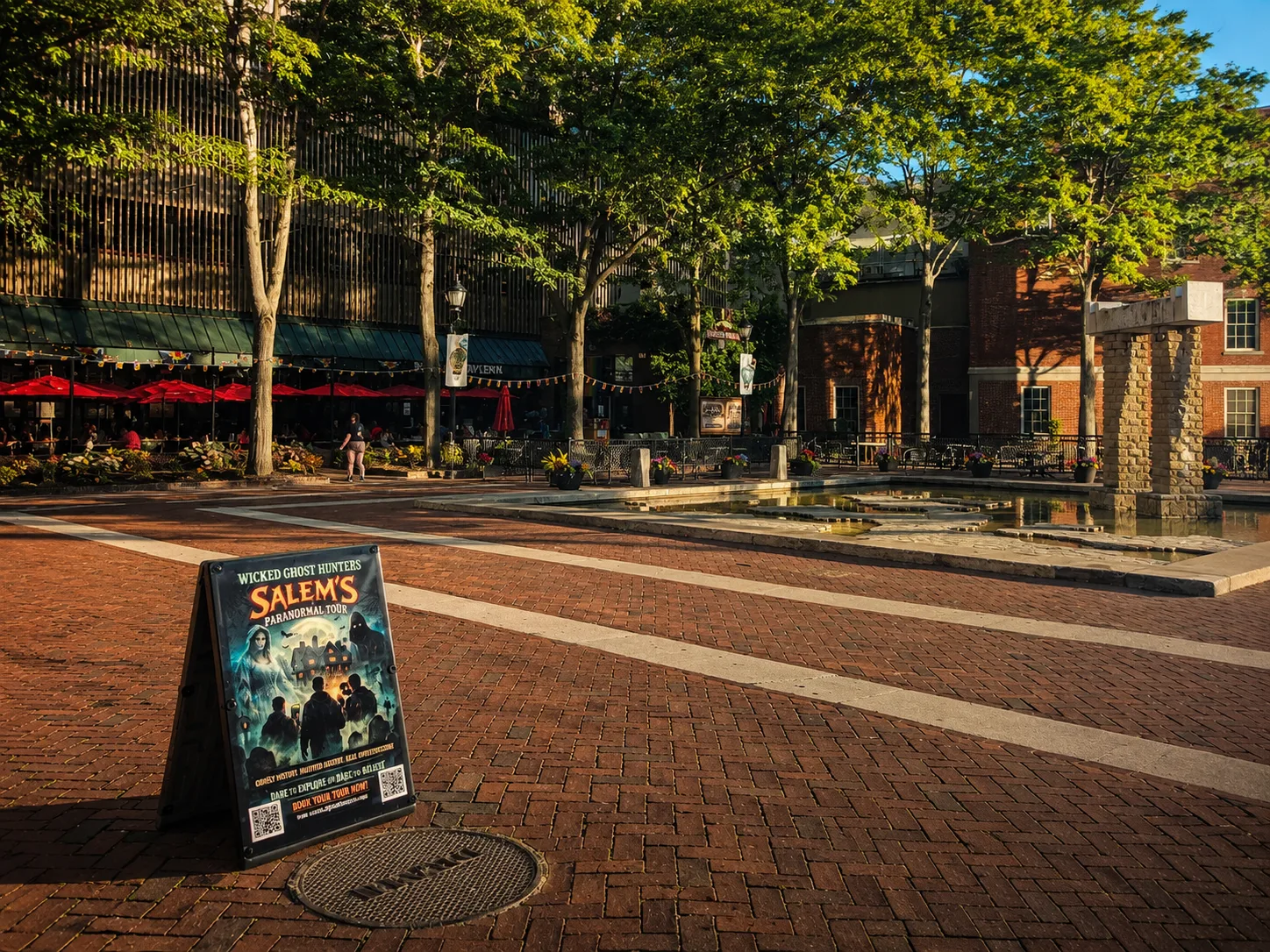 A sunlit downtown brick plaza with a fountain, trees, and a cafe under red umbrellas