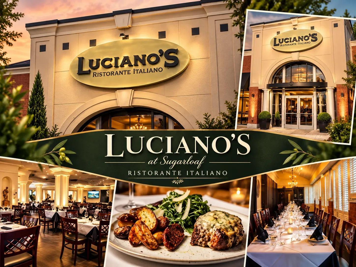A collage of the exterior, dining room, and plated food at Luciano's at Sugarloaf in Duluth