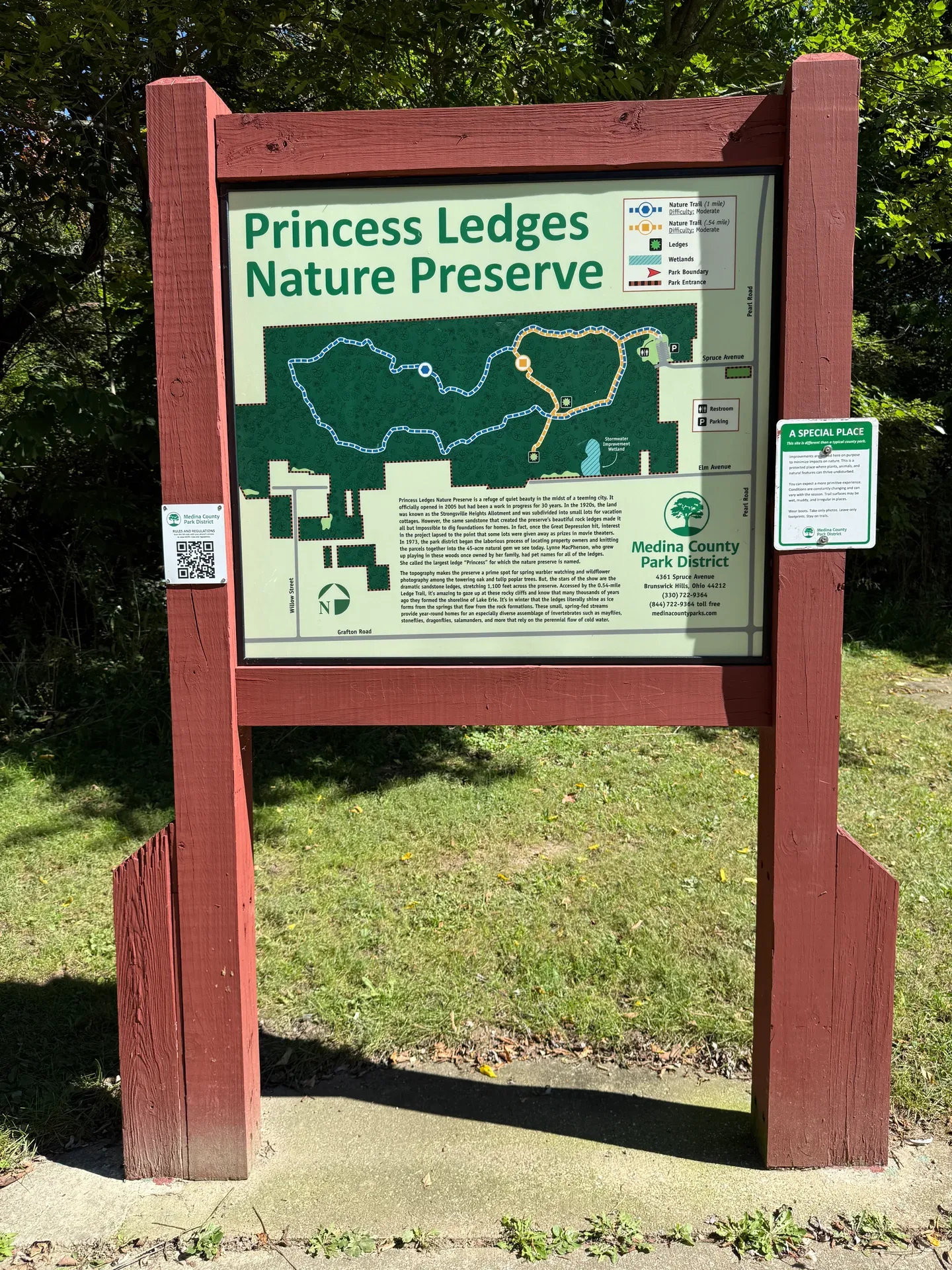 Trail map sign at Princess Ledges Nature Preserve in Brunswick Hills, Ohio