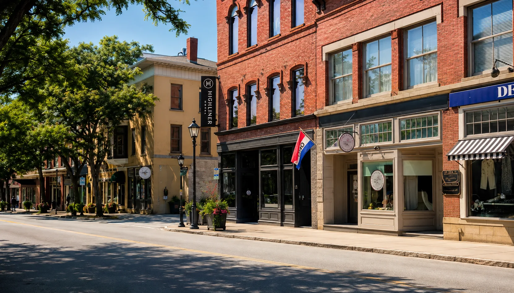 Historic brick storefronts on a downtown commercial street