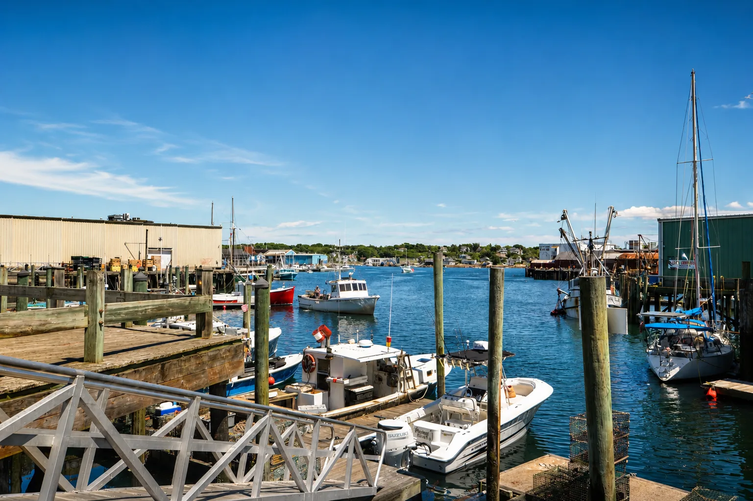 A sunlit North Shore harbor marina with wooden docks, sailboats, and fishing boats under a bright blue sky