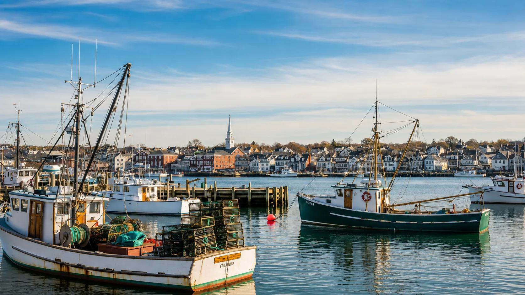 Fishing boats tied up in a Cape Ann harbor with a church steeple behind the town rooftops